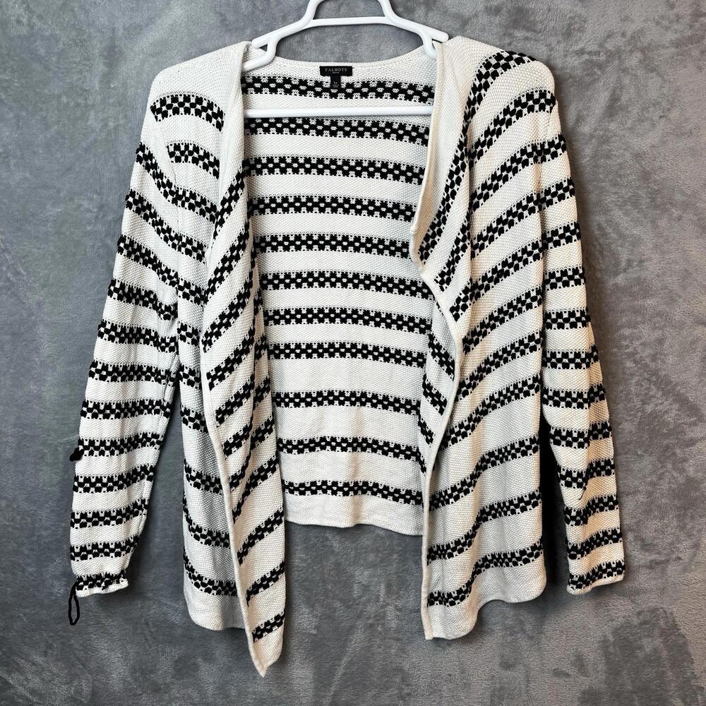 Talbots‎ Womens Knit Sweater Size Large Open Front Contrast Stripe Cardigan